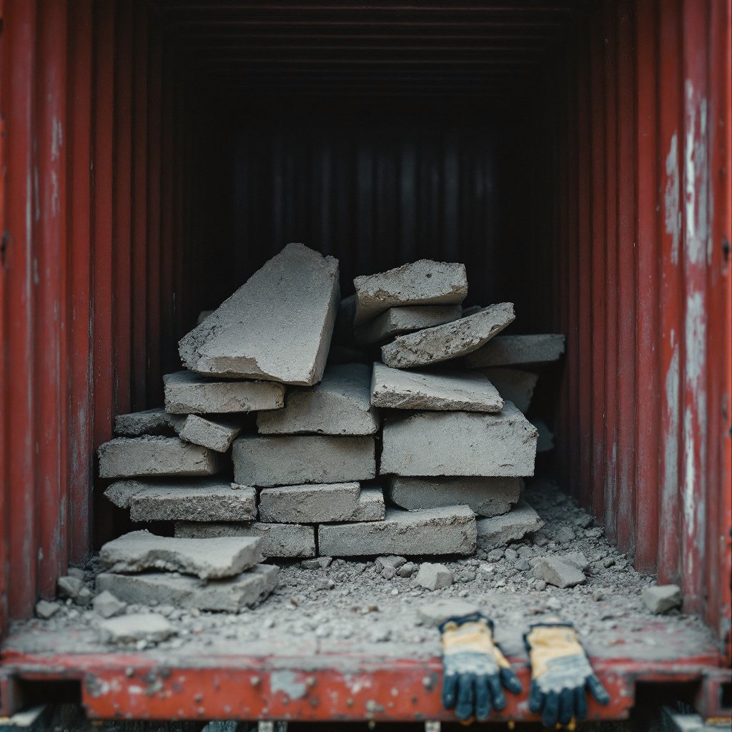 Broken concrete stacked in a Redbird heavy-debris dumpster