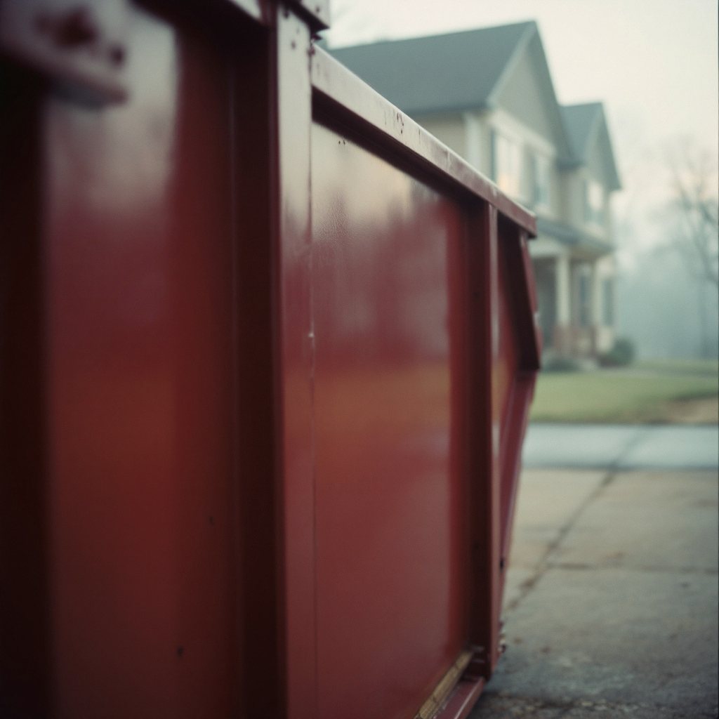 Cardinal-red Redbird roll-off dumpster on protective boards on a Whitestown driveway