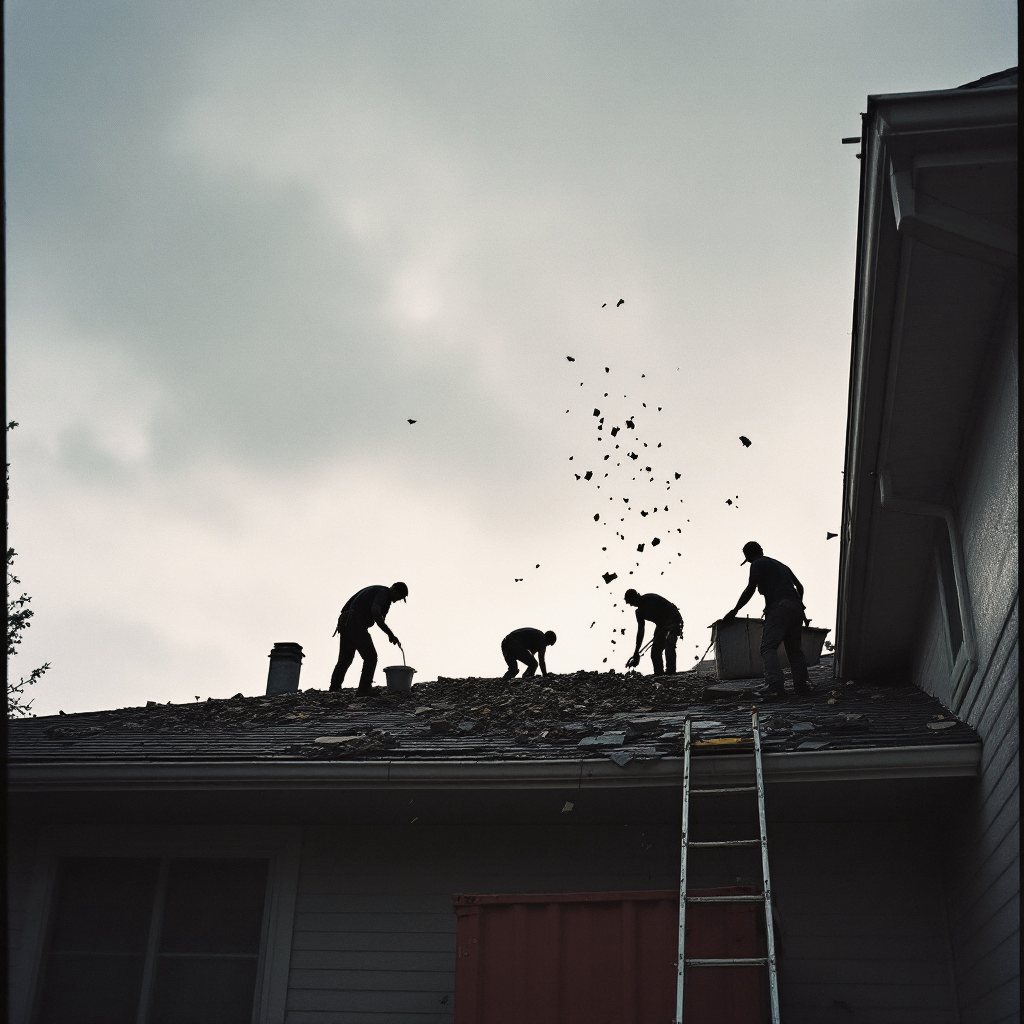 Roof tear-off debris sliding into a Redbird dumpster at the drip line