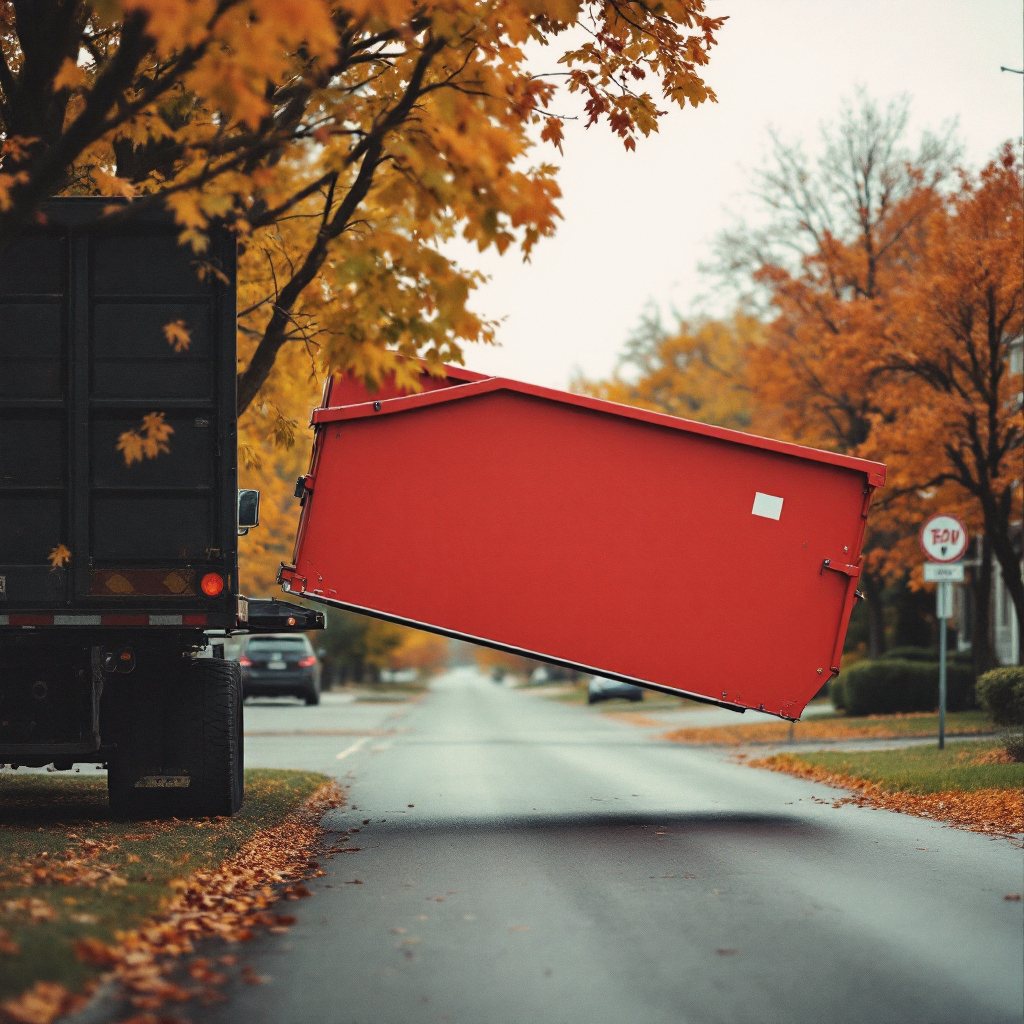 Redbird roll-off truck delivering a dumpster on a Whitestown street